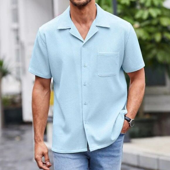 Men's Casual COOFANDY Blue Waffle Button Down Shirt Size XL NWOT - Picture 3 of 9